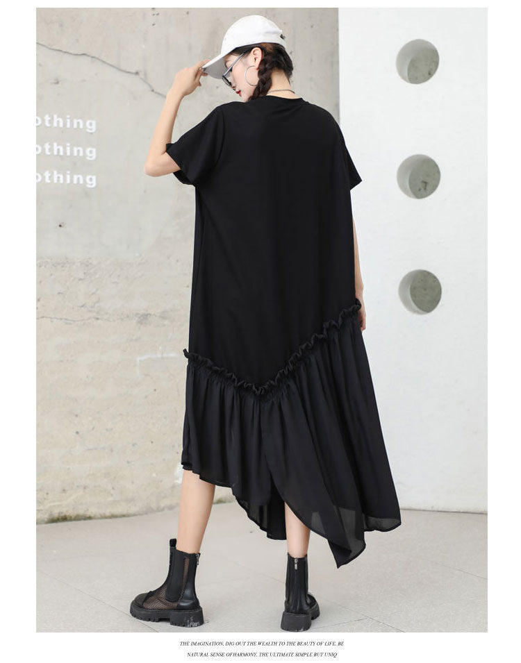 Black Chiffon Irregular Plus Sizes Short Sleeves Dresses