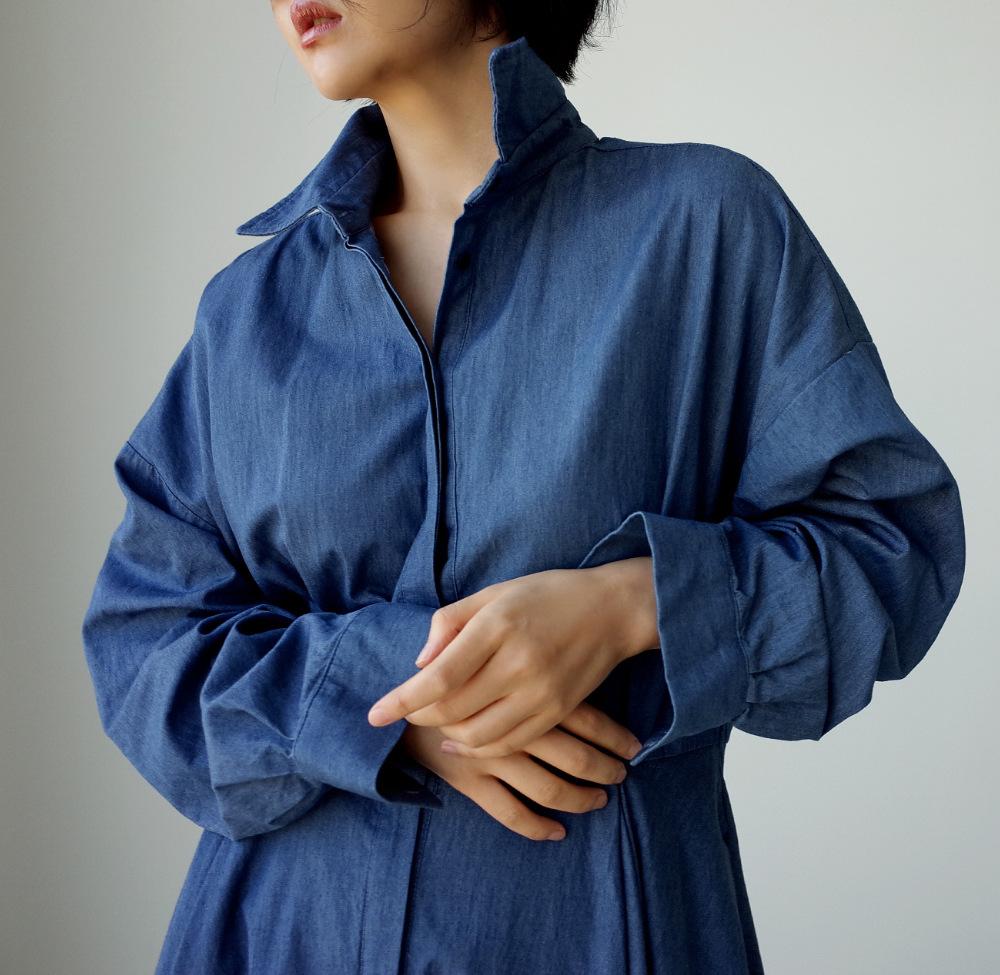 Blue Long Sleeve Loose Demin Shirts Maxi Dresses-Cozy dresses-JEWELRYSHEOWN