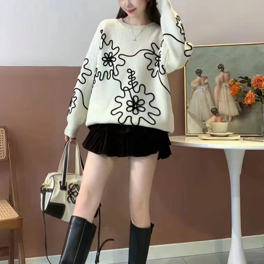 Fashion  3D Flowers Round Neck Knitted Sweaters