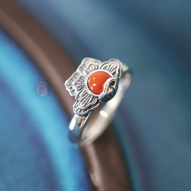 Retro Peony Designed Agate Sterling Silver Rings for Women-Rings-JEWELRYSHEOWN