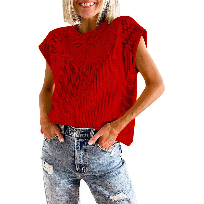 Casual Sleeveless Round Neck Knitted Vest-Shirts & Tops-Red-S-Free Shipping at meselling99