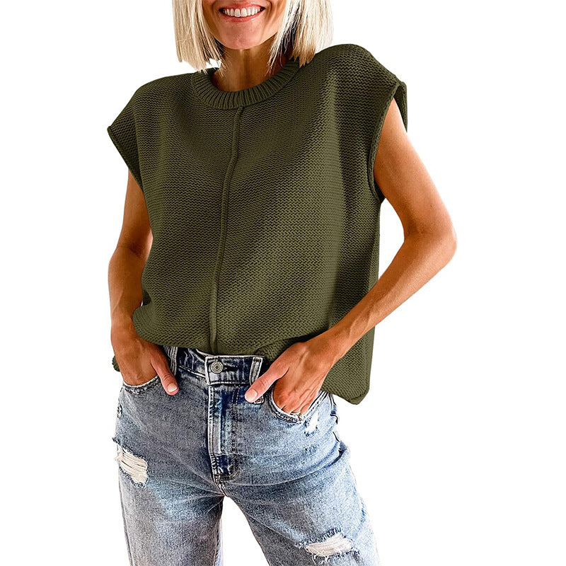 Casual Sleeveless Round Neck Knitted Vest-Shirts & Tops-Army Green-S-Free Shipping at meselling99