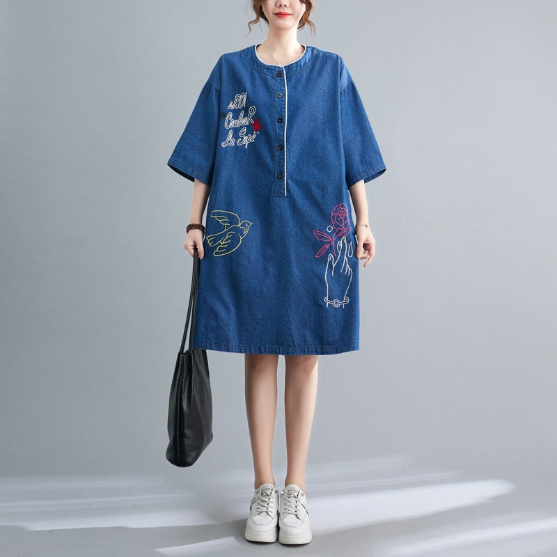 Ethnic Embroidery Plus Sizes Denim Midi Dresses-Dresses-JEWELRYSHEOWN