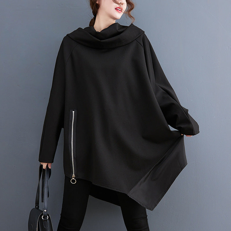 Black Pullover Long Sleeves Irregular Hoodies for Women