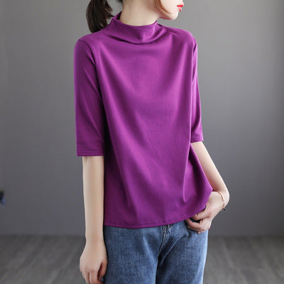 Vintage Half Sleeves Women High Neck T Shirts-Shirts & Tops-JEWELRYSHEOWN