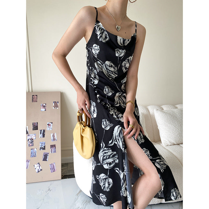 Vintage Floral Design Satin Summer Sleeveless Sun Dresses