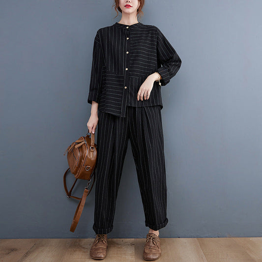Vintage Striped Linen Plus Sizes Two Pieces Suits-Suits-JEWELRYSHEOWN