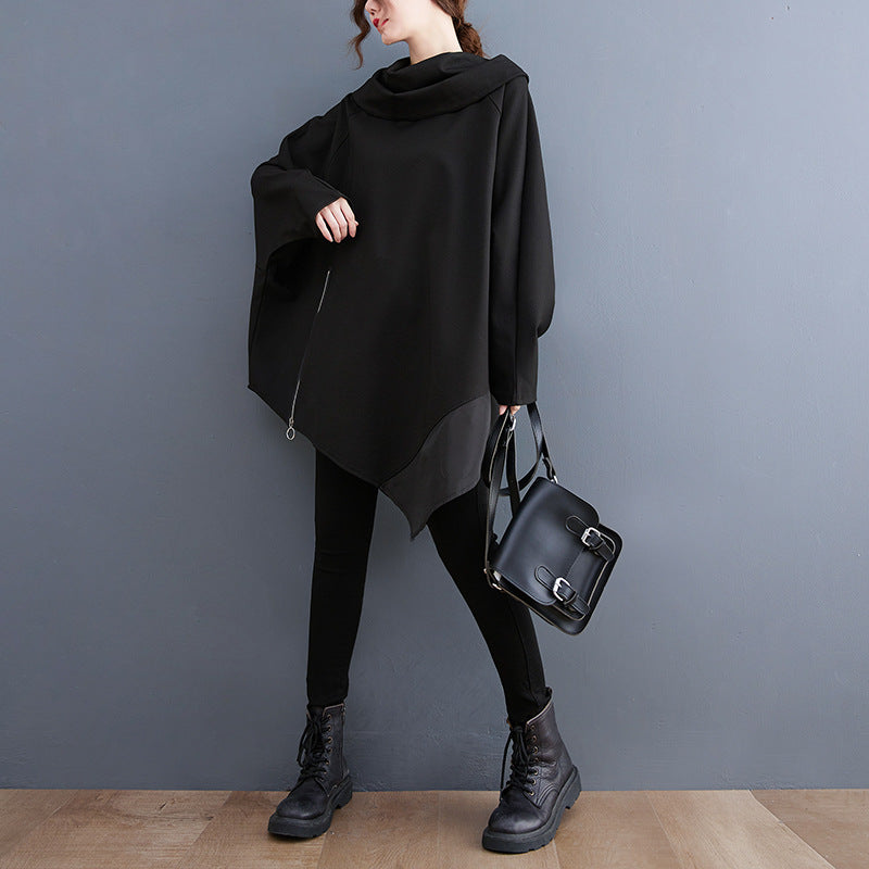 Black Pullover Long Sleeves Irregular Hoodies for Women