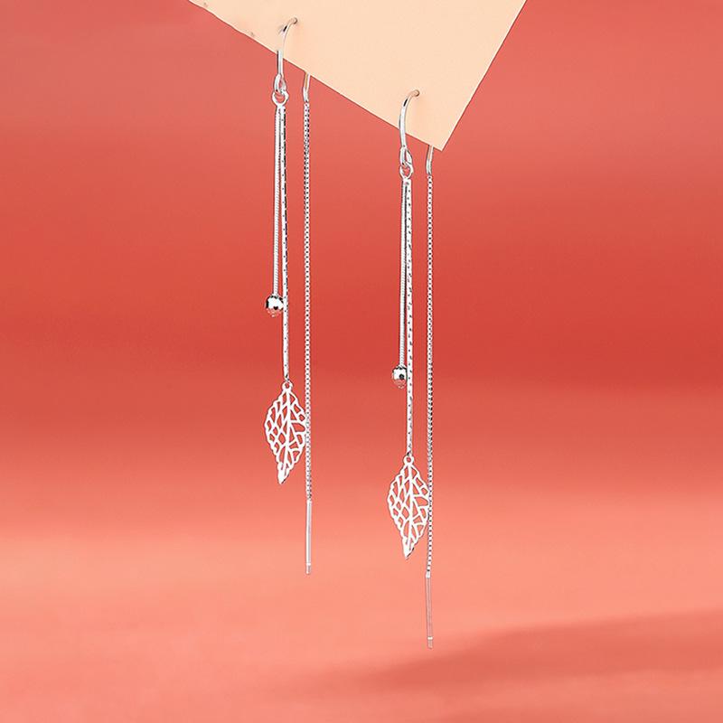 Leaf Design Sterling Sliver Long Tassel Earrings for Women-Earrings-JEWELRYSHEOWN