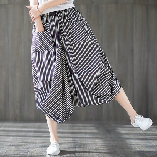 Summer Striped Elastic Waist Latern Pants