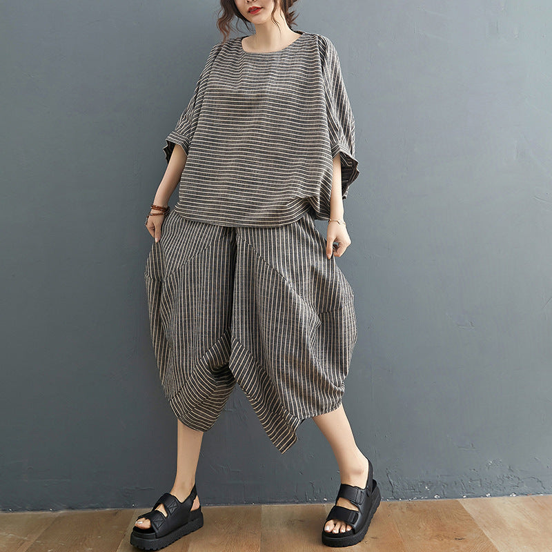 Linen Striped Plus Sizes 2pcs Women Summer Outfits