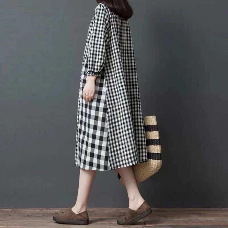 Vintage Plaid Long Sleeves Midi Dresses-Dresses-JEWELRYSHEOWN