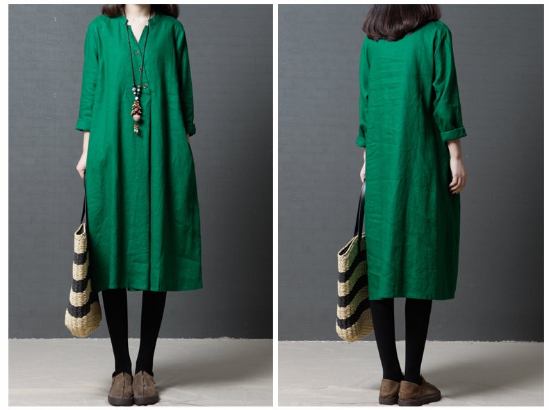 Vintage Linen Women V Neck Long Shirt Dresses-Dresses-JEWELRYSHEOWN