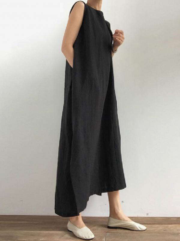 Simple Loose Sleeveless Long Dress-Cozy Dresses-JEWELRYSHEOWN