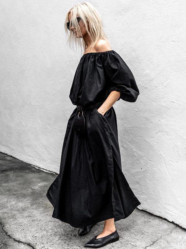 Black Off-Shoulder Loose Long Dress-Maxi Dress-JEWELRYSHEOWN