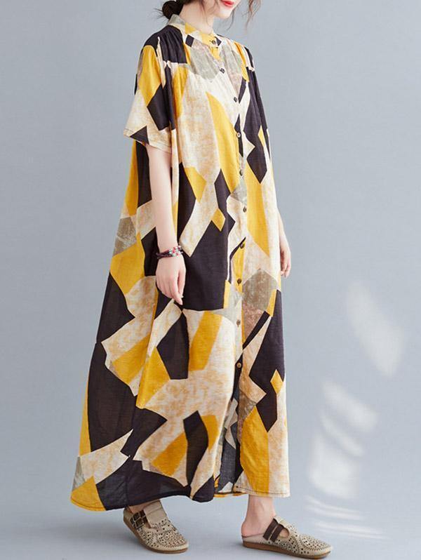 Printed Stand Collar Long Dress-Cozy Dresses-JEWELRYSHEOWN