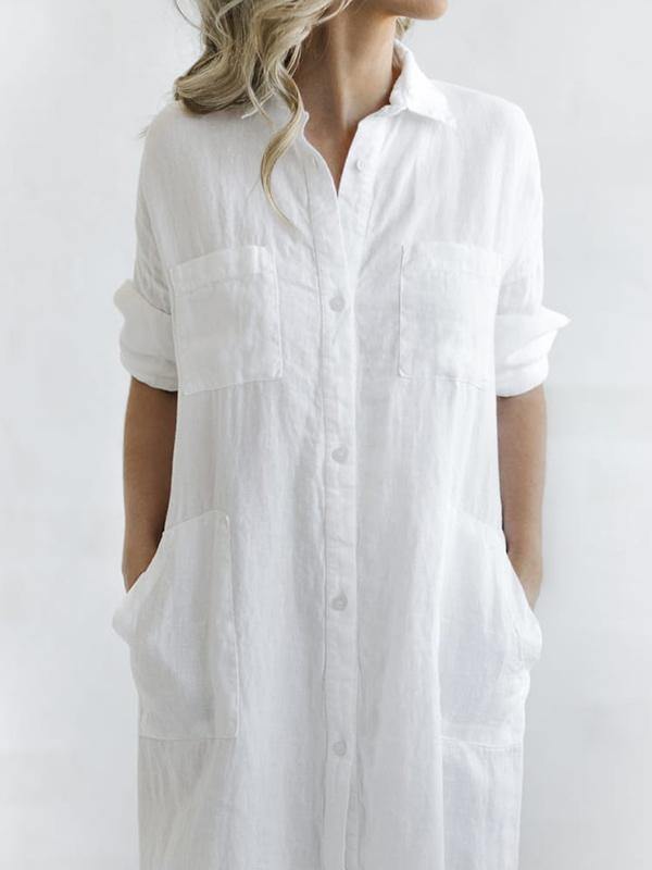 Simple Split-Side Lapel Long Shirt Dress-Maxi Dress-JEWELRYSHEOWN