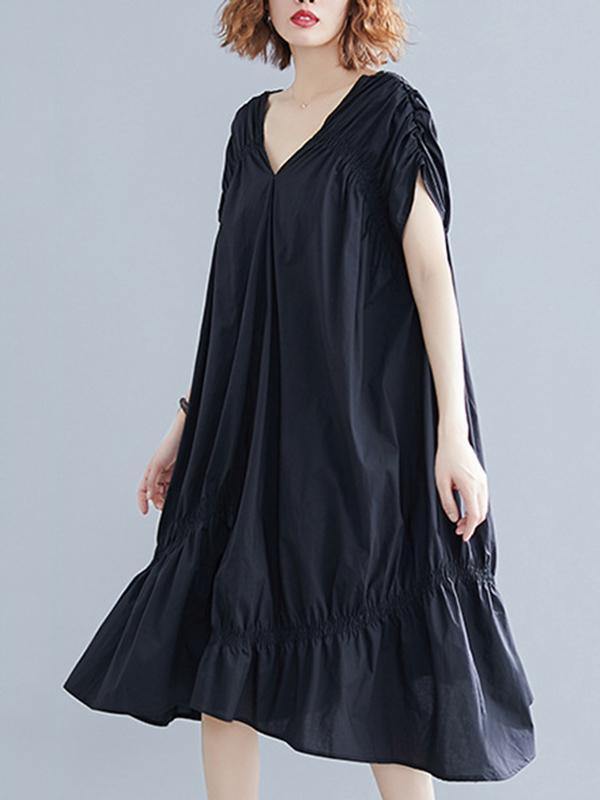 Black Loose Drawstring Ruffled Midi Dress-Cozy Dresses-JEWELRYSHEOWN