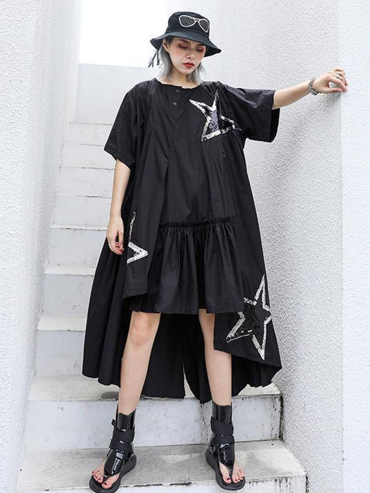 Black Oversize Asymmetric Stars Dress-Maxi Dresses-JEWELRYSHEOWN