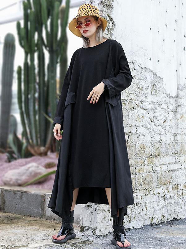 Black Loose A-line Long Sleeves Dresses-Cozy Dresses-JEWELRYSHEOWN