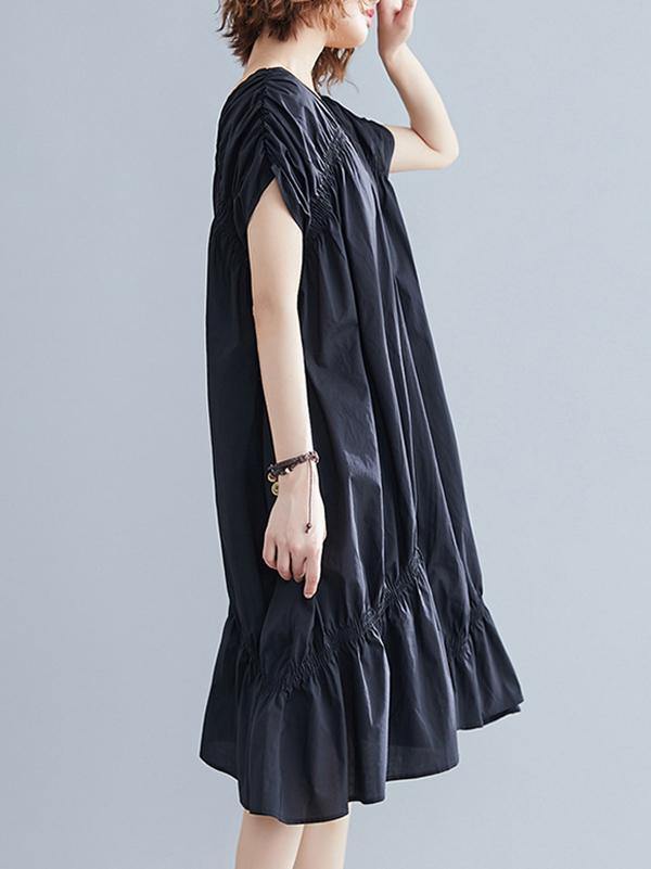 Black Loose Drawstring Ruffled Midi Dress-Cozy Dresses-JEWELRYSHEOWN