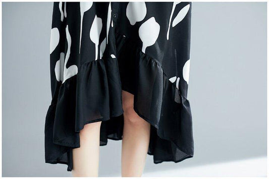 Black Printed Ruffle Shirt Midi Dress-Cozy Dresses-JEWELRYSHEOWN