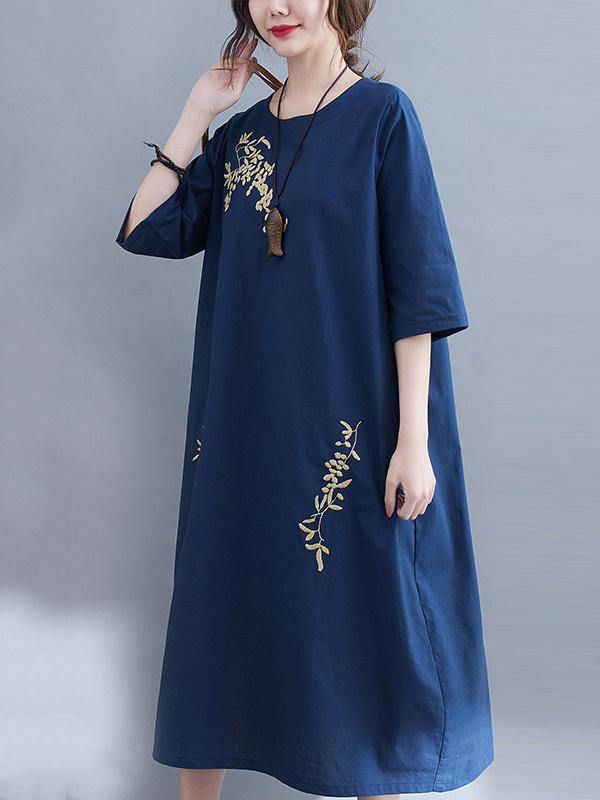 Embroidery Vintae Color Half-Sleeve Long Dress-Cozy Dresses-JEWELRYSHEOWN